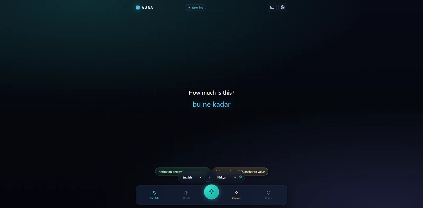AURA Live Coach screen