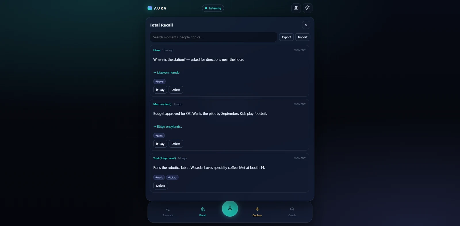 AURA Total Recall screen