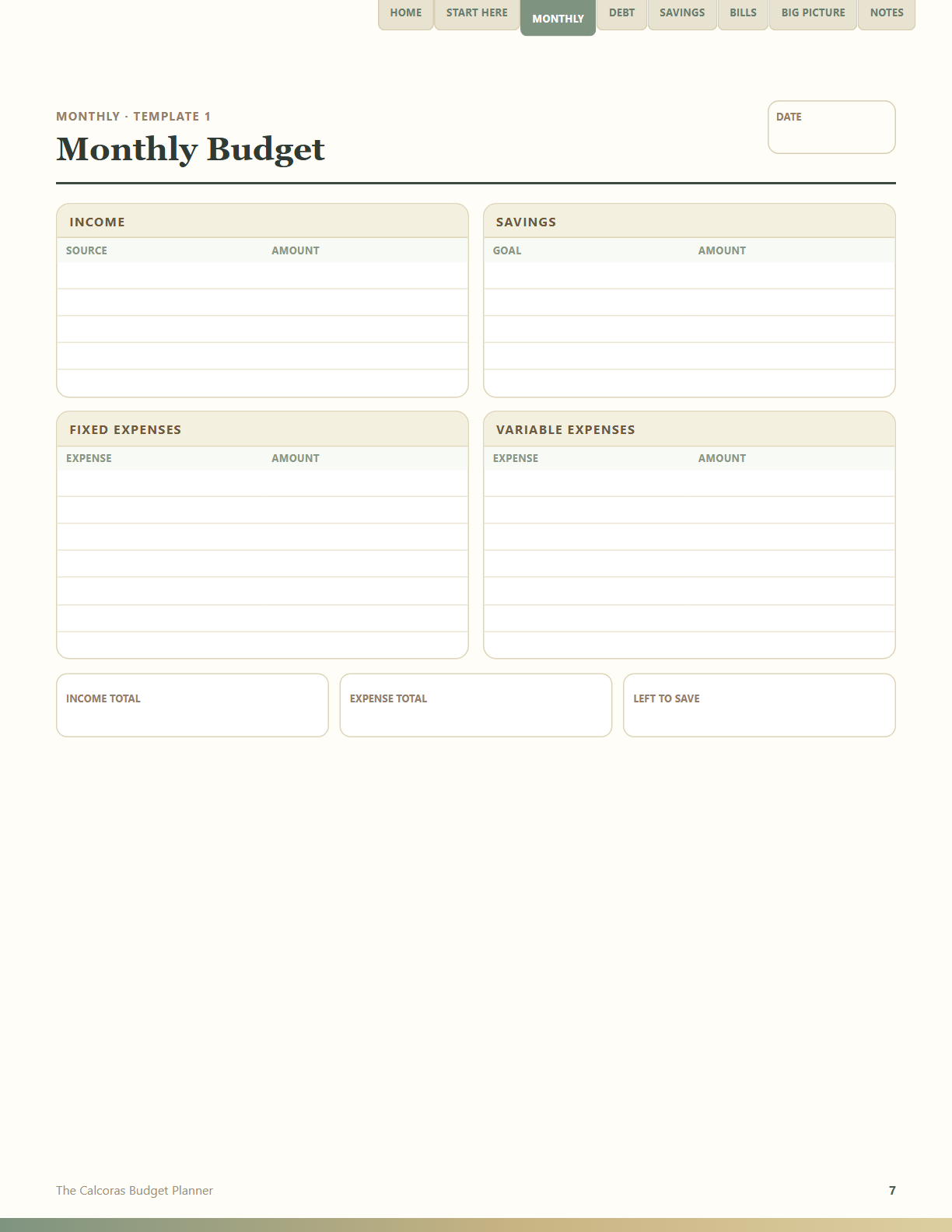 The Calcoras Budget Planner monthly budget page preview