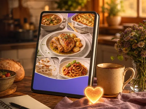 Warm cookbook e-book preview on a cozy kitchen table
