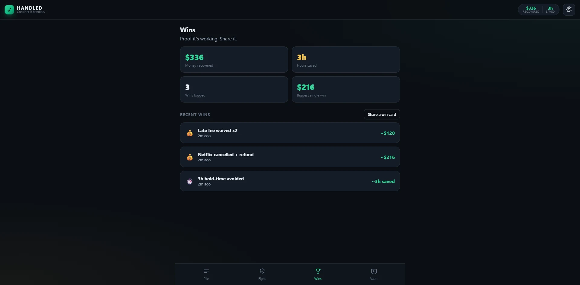 HANDLED Wins screen