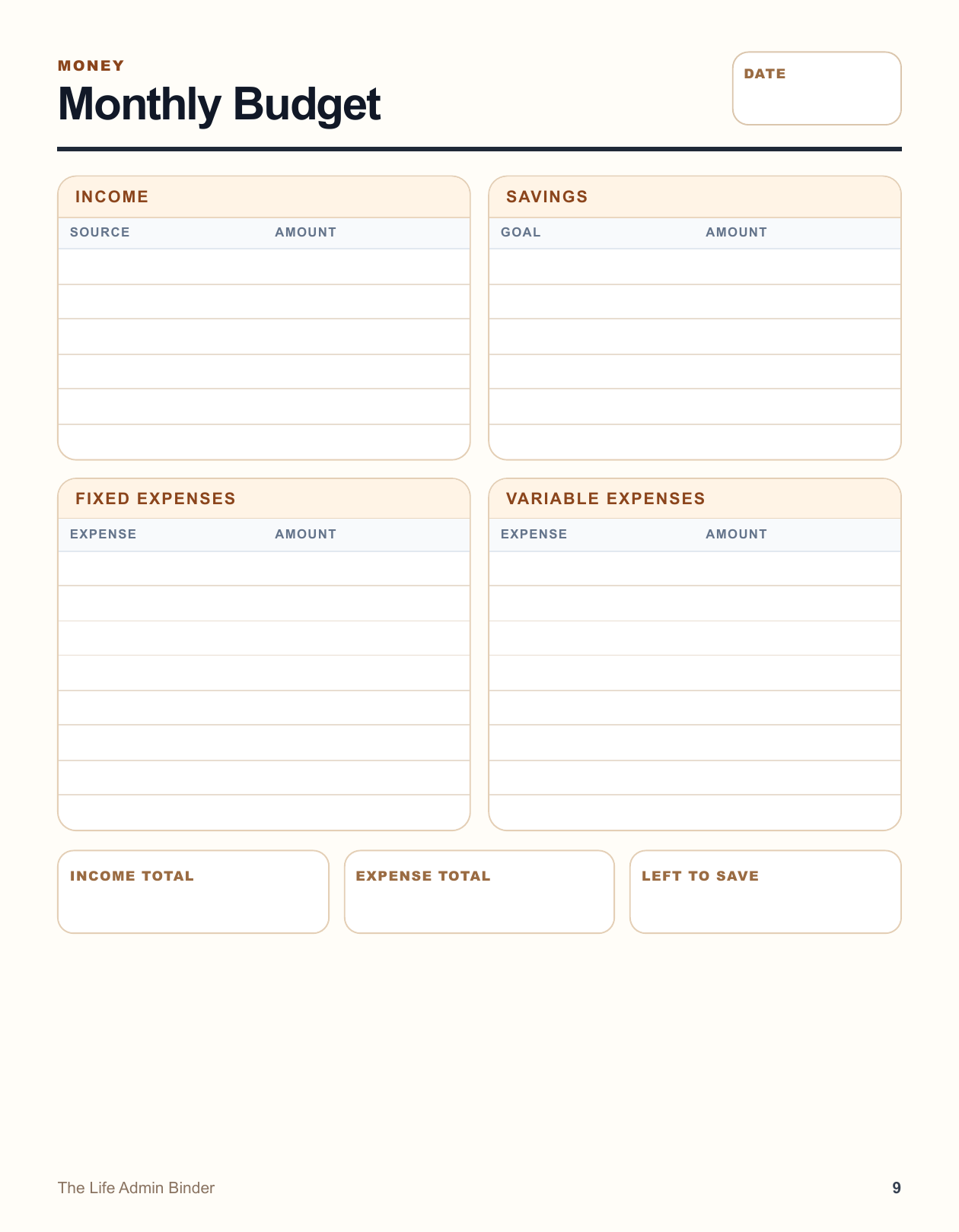 The Life Admin Binder monthly budget page preview