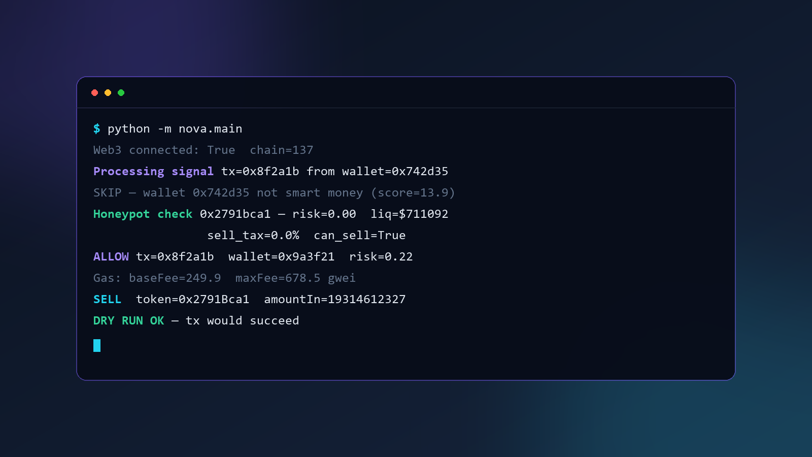 Nova running in dry-run mode on Polygon