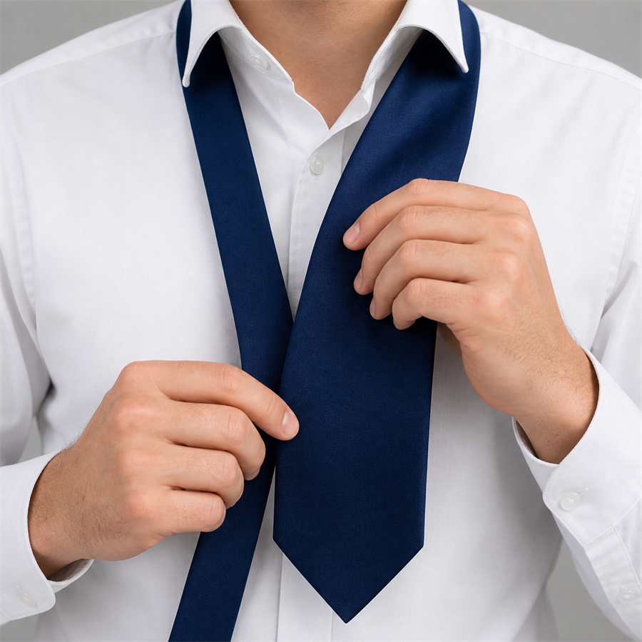 Step 1: draping the tie around the collar before crossing the wide end over the narrow end