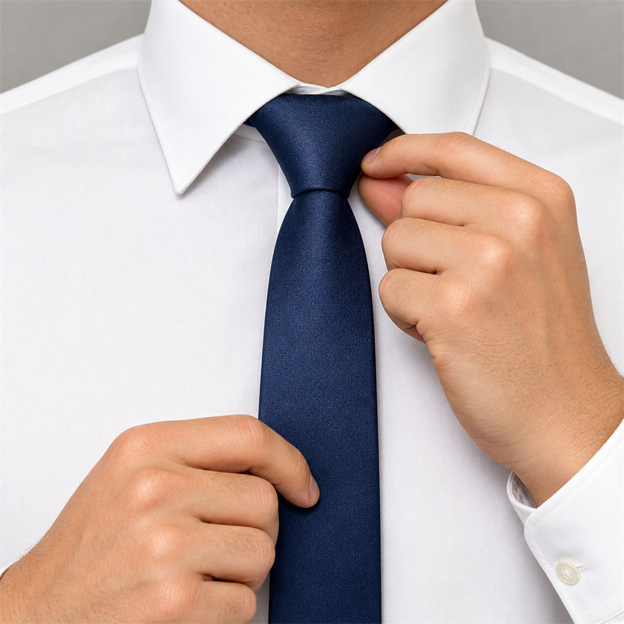 Step 3: the finished, tightened Four-in-Hand knot snug against the collar