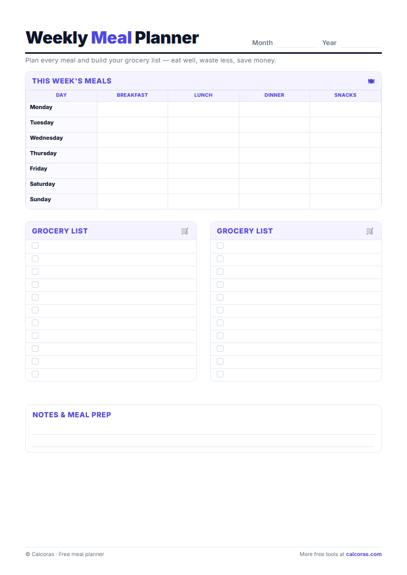 Weekly Meal Planner — free printable PDF
